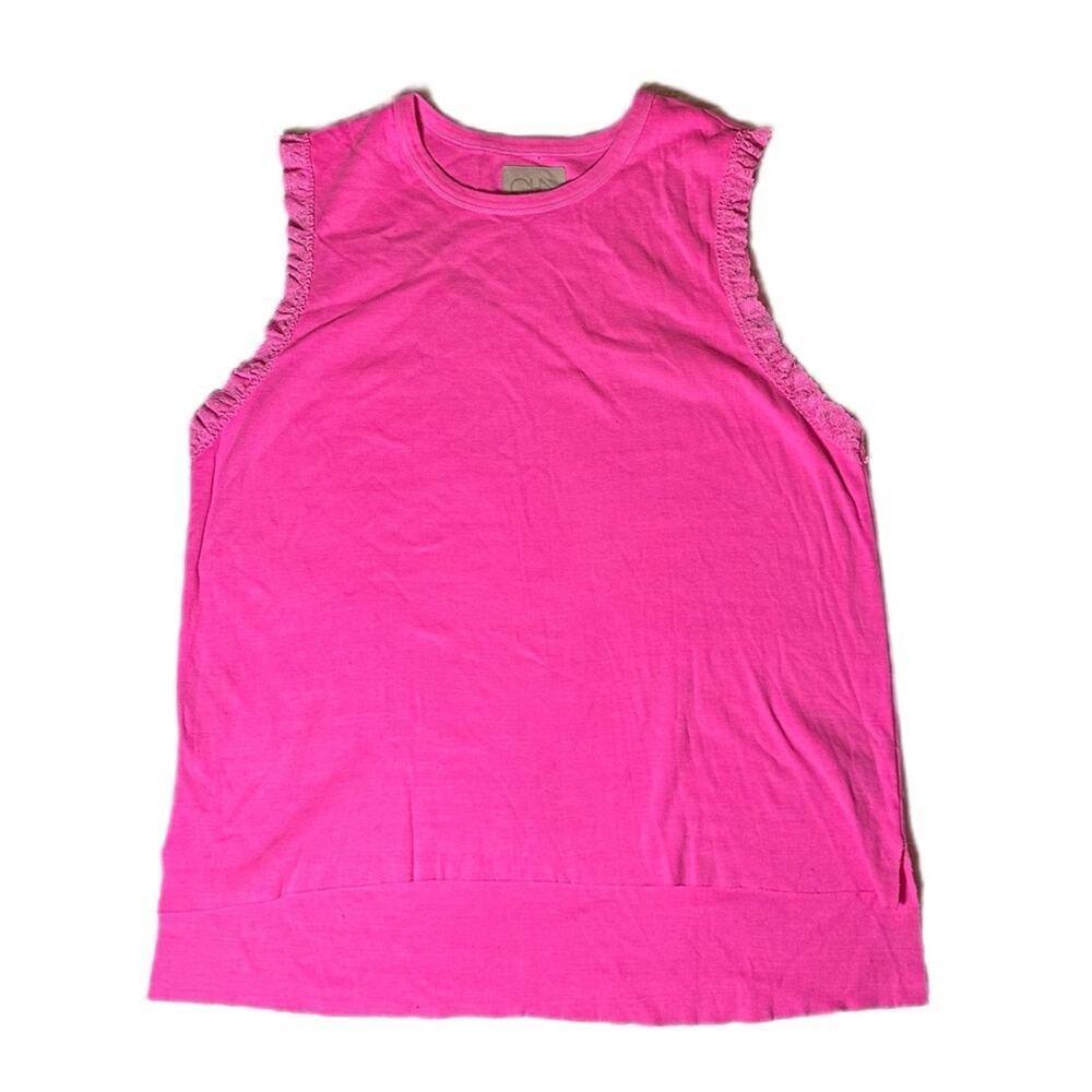 Chaser tank top pink lace muscle trim sleeves raw hem high low bottom